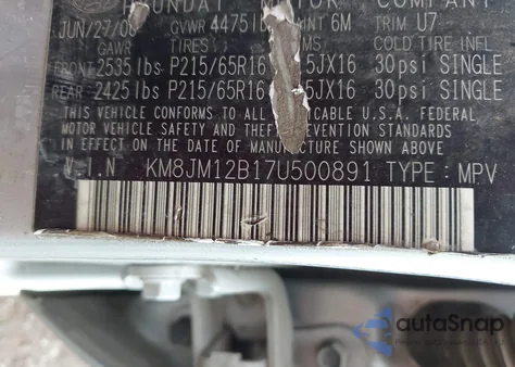 2007 Hyundai Tucson Gls z USA, uszkodzony, nr VIN KM8JM12B17U500891